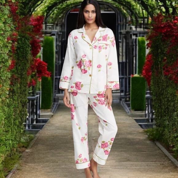 Pristine Bedhead Pink Roses on Off White Woven Pajama Set Size Small - Picture 1 of 7